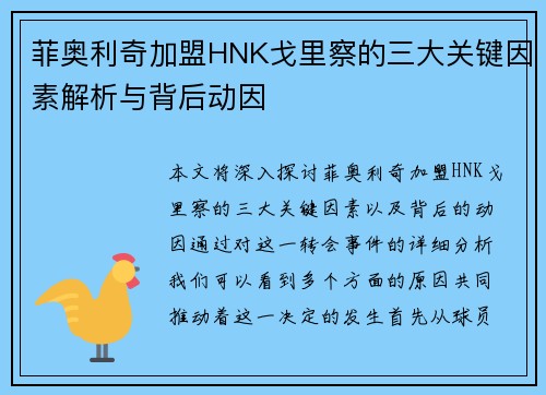 菲奥利奇加盟HNK戈里察的三大关键因素解析与背后动因
