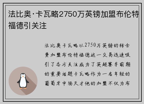 法比奥·卡瓦略2750万英镑加盟布伦特福德引关注