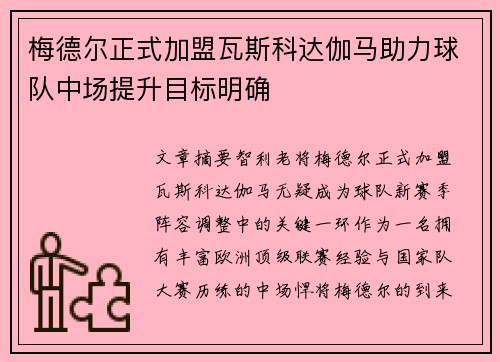梅德尔正式加盟瓦斯科达伽马助力球队中场提升目标明确 梅德尔正式加盟瓦斯科达伽马助力球队中场提升目标明确